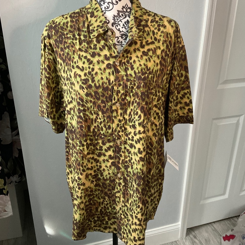 Green and brown cheetah print-button down
